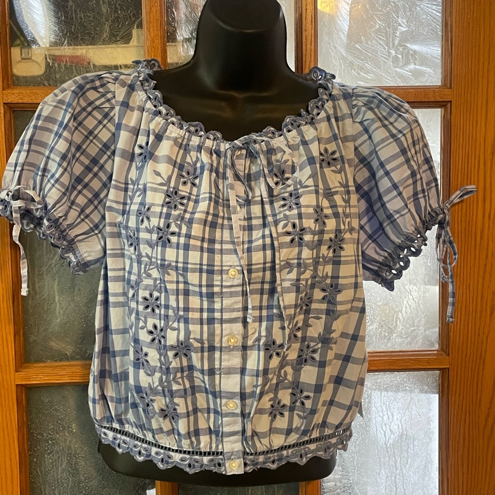 Women’s Blue and White Plaid Embroidered Peasant Top